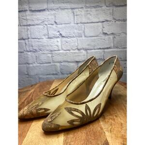 Norma B Vintage Women's High Heels SZ 8M Leather Sole Cork and Mesh Gold Floral